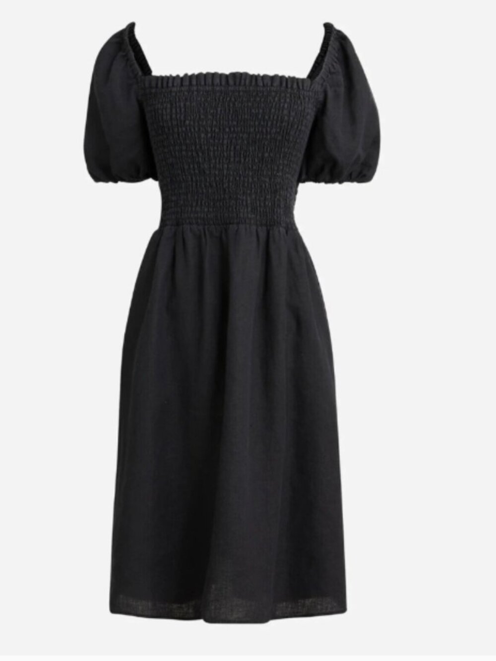 J. Crew Black Puff-sleeve smocked linen mini dress size M